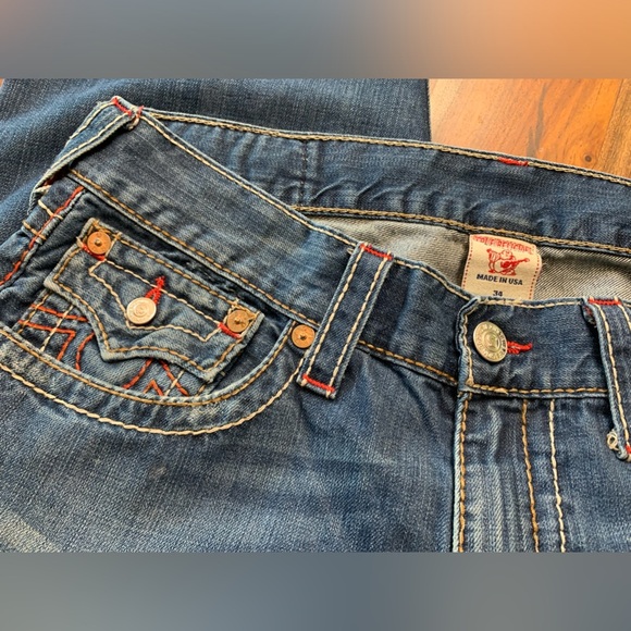 Blue True Religions with Red Back Pockets Stitching - Picture 4 of 5